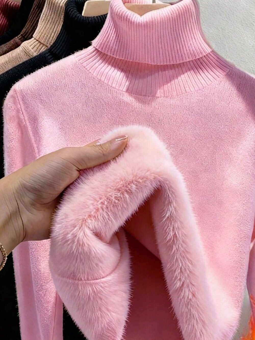 Baby Pink Casual Women's High Neck Velvet Slim Fit Long Sleeve Sweater